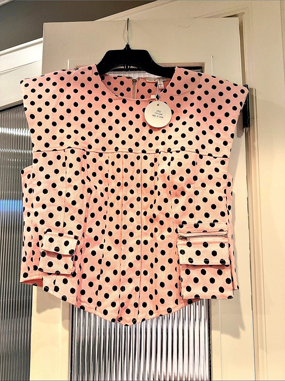 pastel Polka Dot Utility Crop Top in Pink & Black Size Large NWT